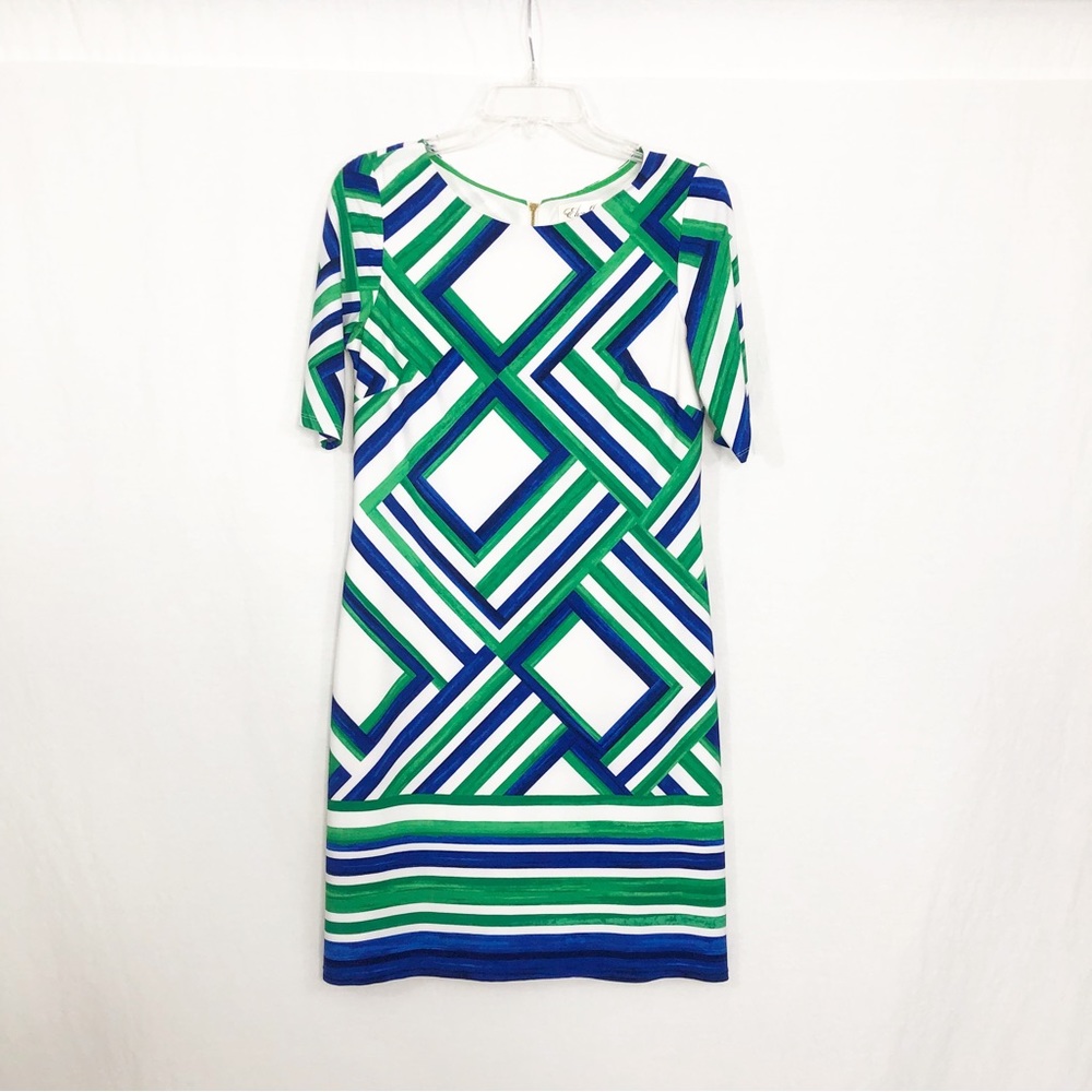 Eliza J Geometric Short Sleeve Above Knee Length Dress, Size 6, Blue Green